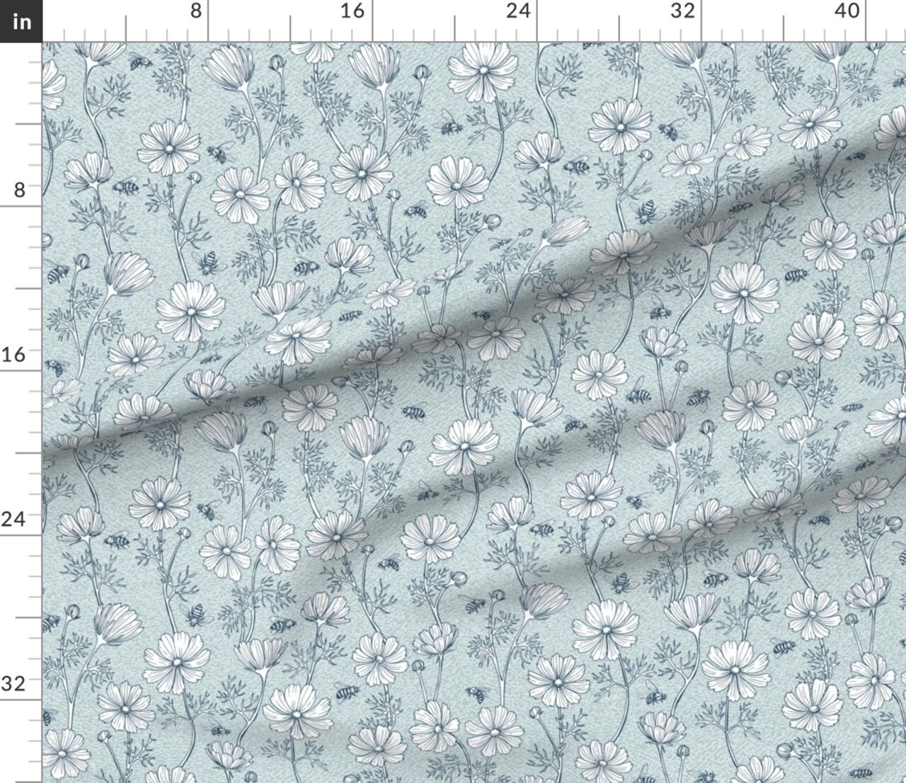 Bees And Flowers Blue Floral Hand Drawn Honey Bee Large Scale Custom Printed Fabric by Spoonflower Various Fabrics by the Yard or Fat Quarter